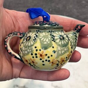 Polish Pottery Floral Design Mini Teapot Ornament, Blue Yellow Green
